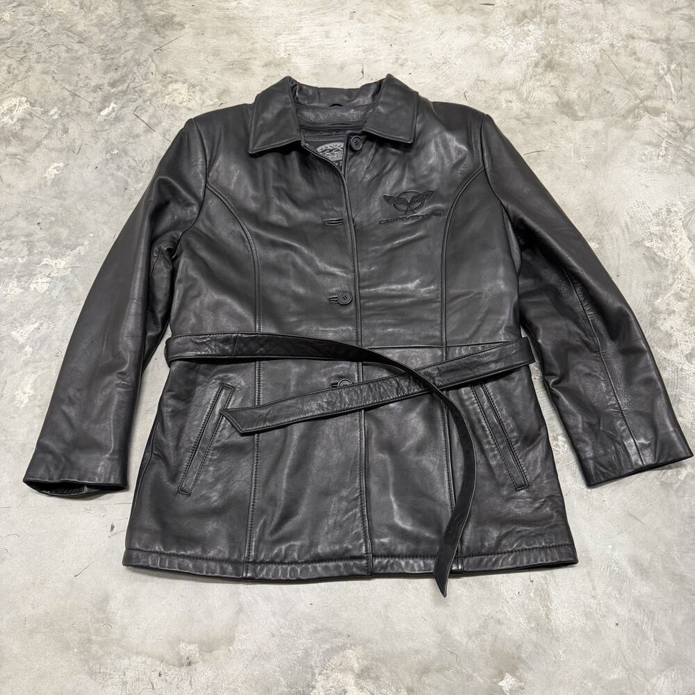 Rare Corvette Leather Belted Jacket Embroidered Button Black Jacket Large Womens